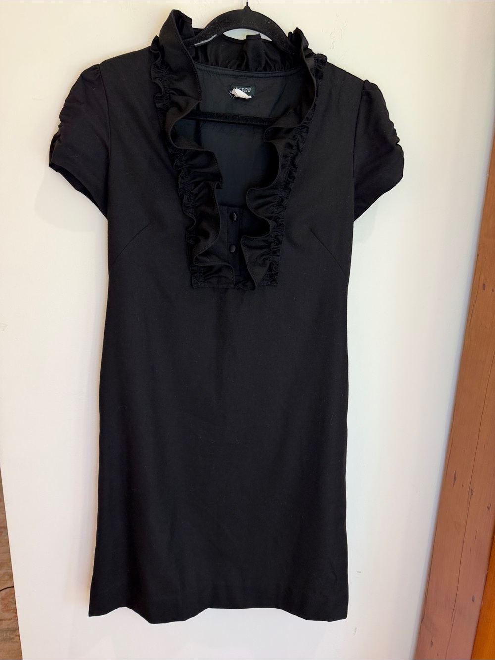 J. Crew Wool Blend Black Ruffle V-Neck Short Sleeve Dress, 4